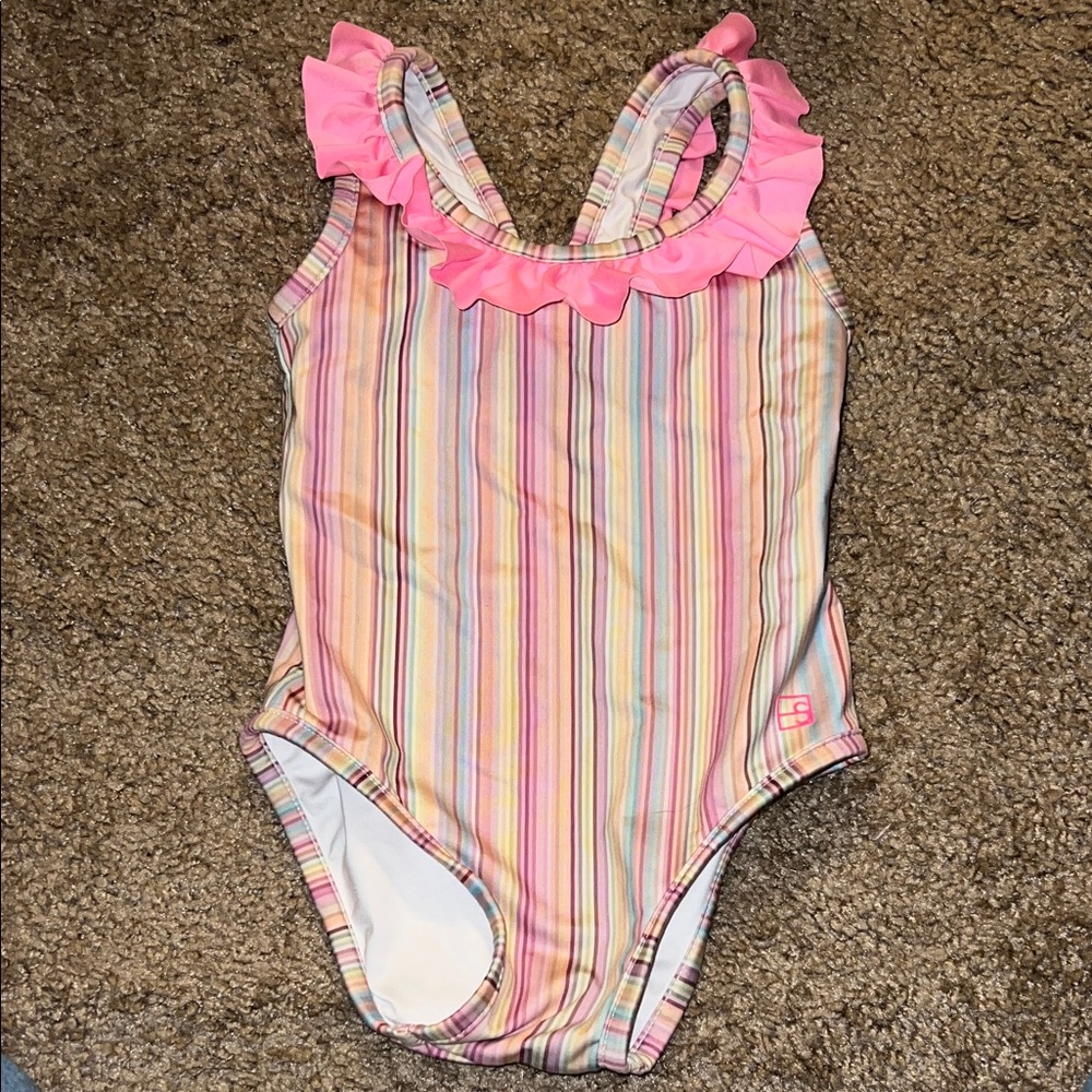 Striped Swimsuit with Pink Ruffle